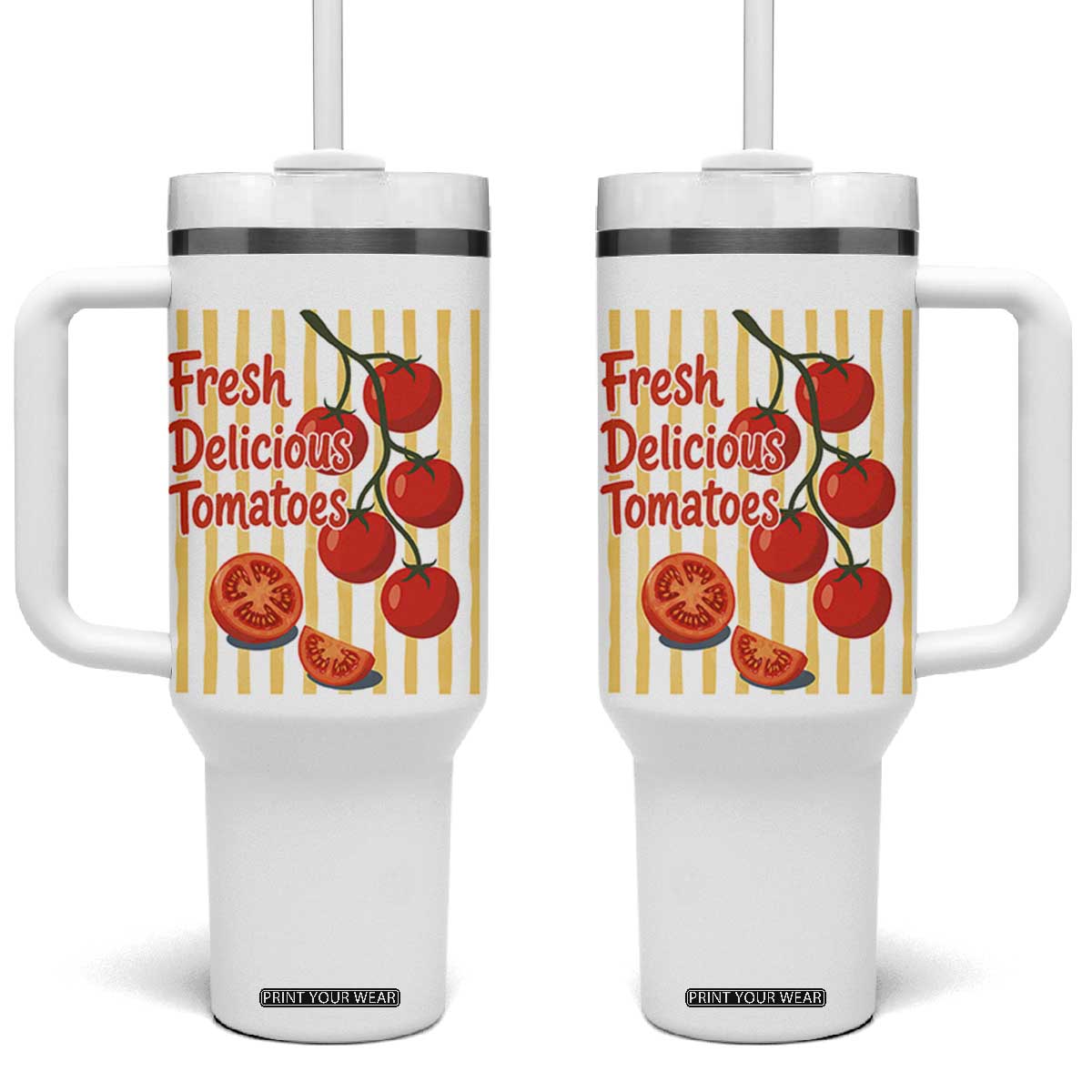 Subtle FDT Tumbler With Handle Fresh Delicious Tomatoes Striped Retro Vintage 80s Subtle FDT TS10 One Size: 40 oz White Print Your Wear