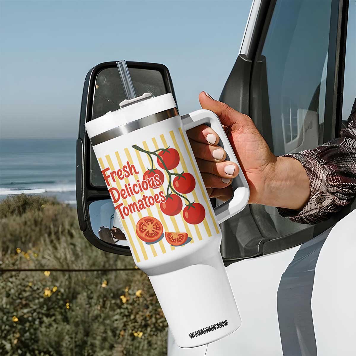 Subtle FDT Tumbler With Handle Fresh Delicious Tomatoes Striped Retro Vintage 80s Subtle FDT TS10 Print Your Wear