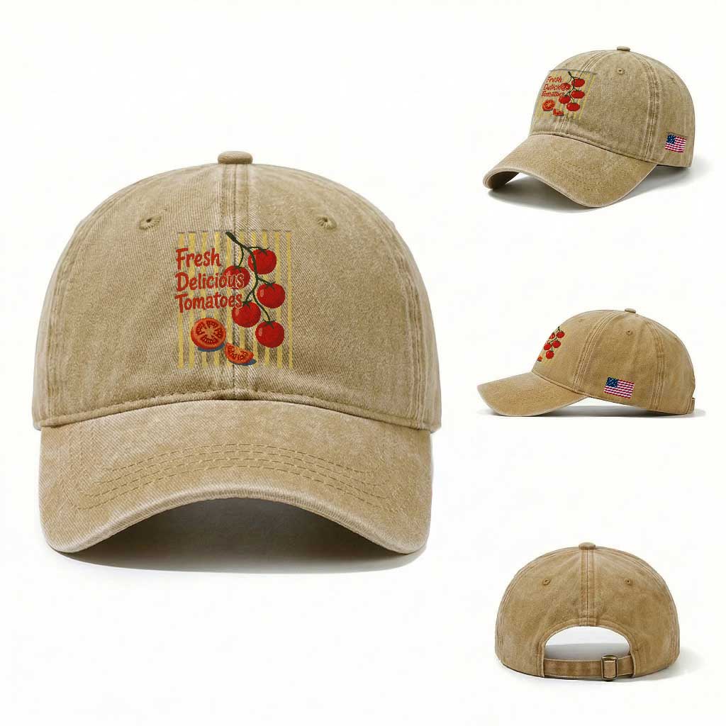 Subtle FDT Washed Cotton Baseball Cap Fresh Delicious Tomatoes Striped Retro Vintage 80s Subtle FDT TS10 Washed Cap Universal Fit Khaki Print Your Wear