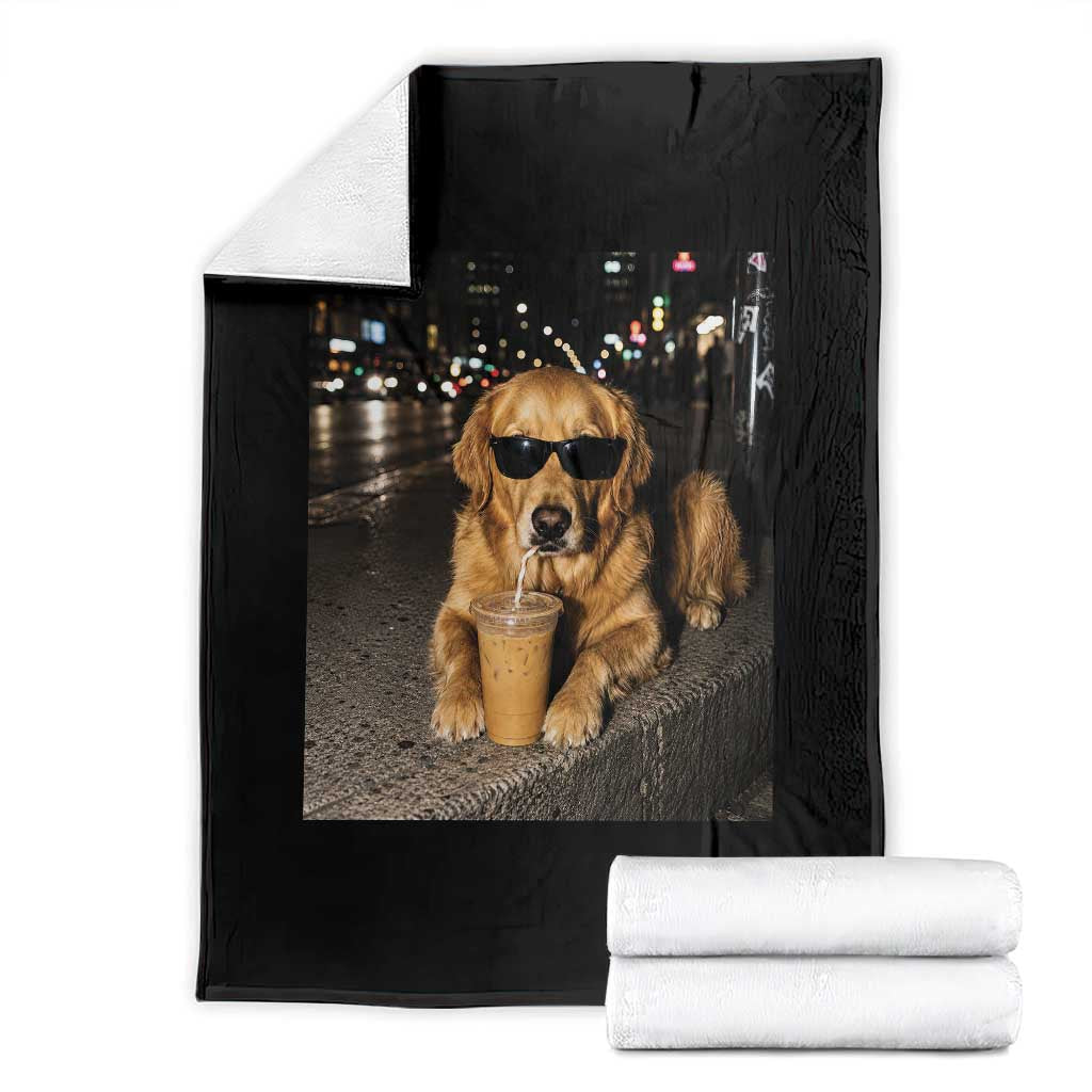 Funny Golden Retriever Iced Coffee Throw Blanket Grunge Silly Meme Graphic Funny Dog Lover TS10 Black Print Your Wear