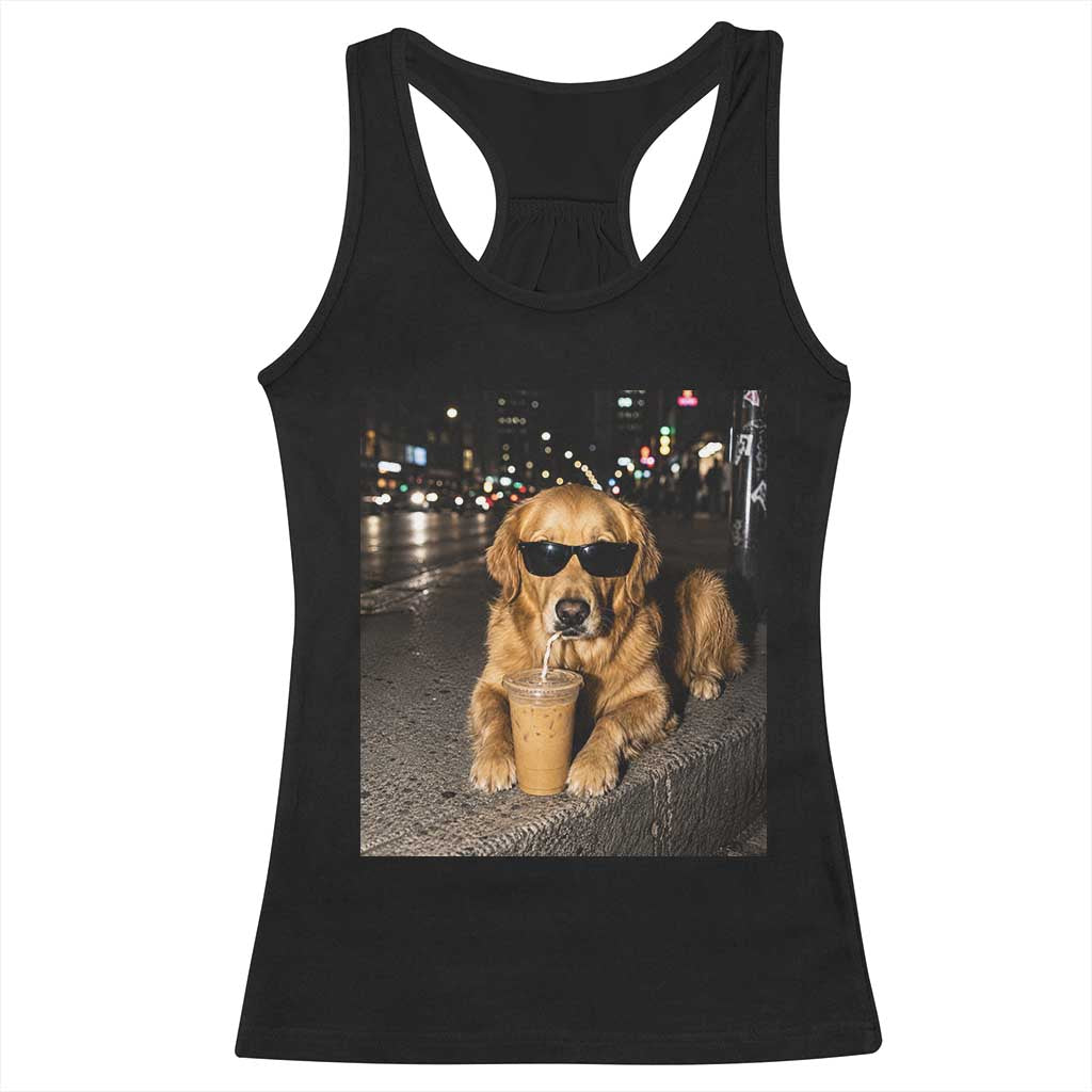 Funny Golden Retriever Iced Coffee Racerback Tank Top Grunge Silly Meme Graphic Funny Dog Lover TS10 Black Print Your Wear