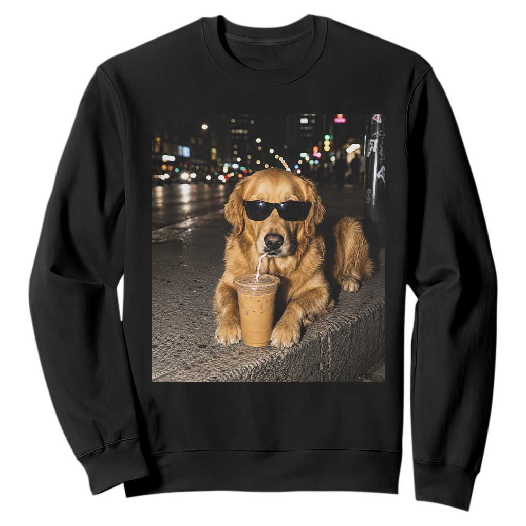 Funny Golden Retriever Iced Coffee Sweatshirt Grunge Silly Meme Graphic Funny Dog Lover TS10 Black Print Your Wear
