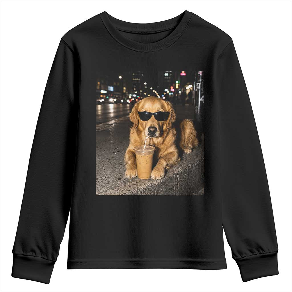 Funny Golden Retriever Iced Coffee Youth Sweatshirt Grunge Silly Meme Graphic Funny Dog Lover TS10 Black Print Your Wear