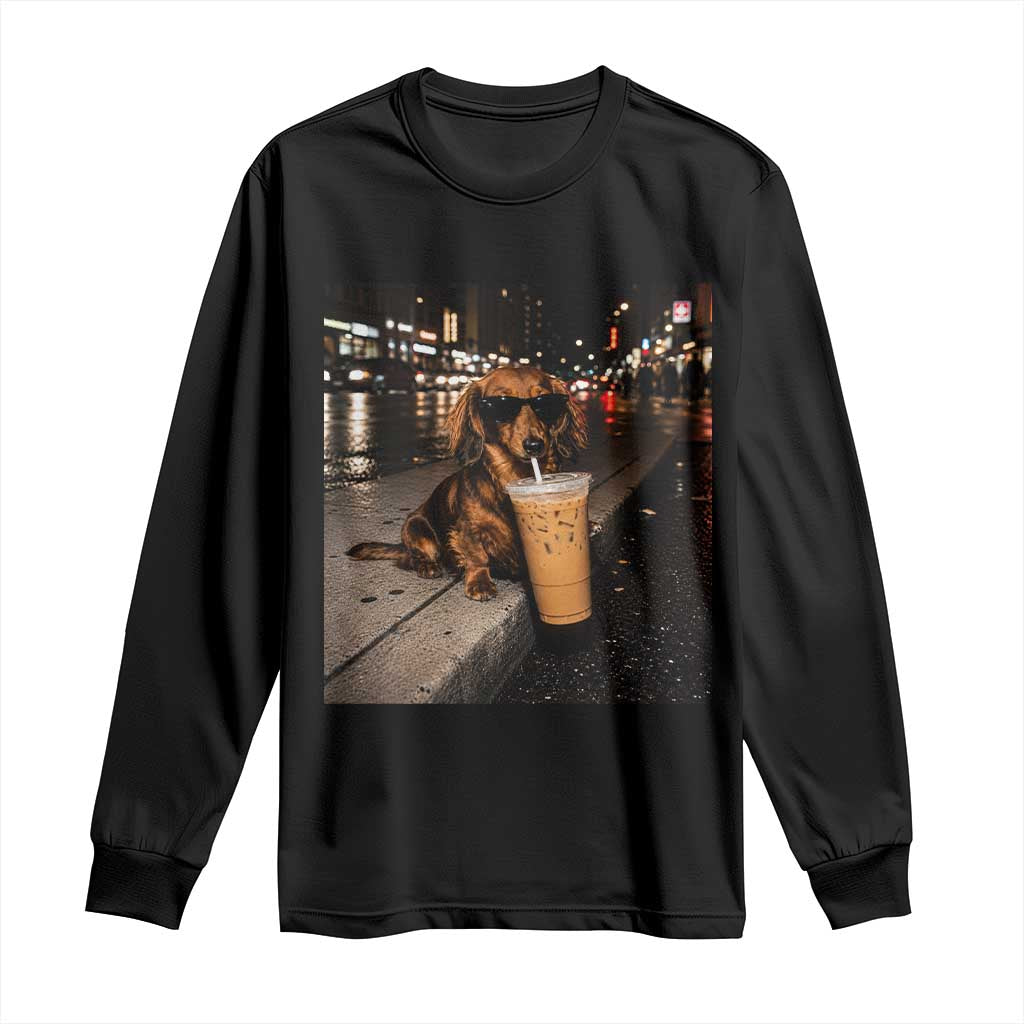 Dachshund Iced Coffee Long Sleeve Shirt Grunge Meme Graphic Funny Weiner Dog Lovers Dad TS10 Black Print Your Wear