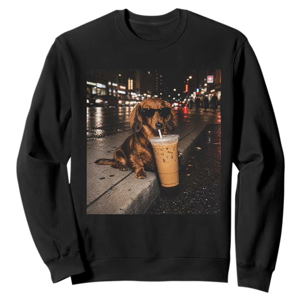 Dachshund Iced Coffee Sweatshirt Grunge Meme Graphic Funny Weiner Dog Lovers Dad TS10 Black Print Your Wear