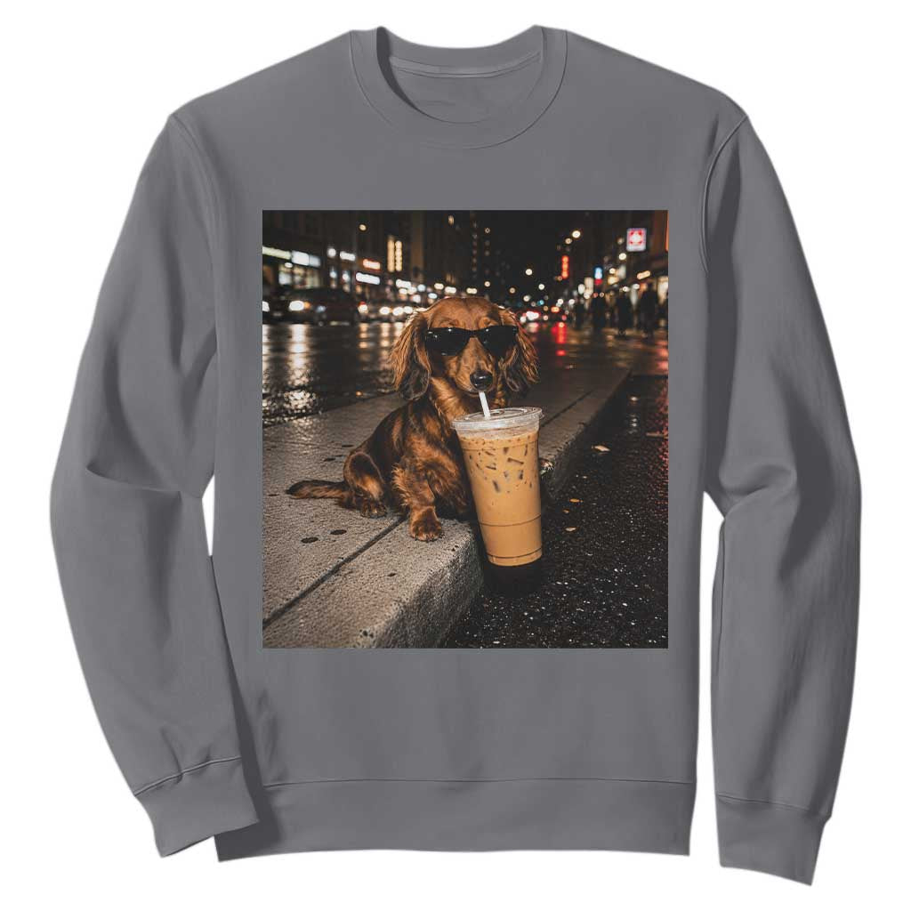 Dachshund Iced Coffee Sweatshirt Grunge Meme Graphic Funny Weiner Dog Lovers Dad TS10 Charcoal Print Your Wear