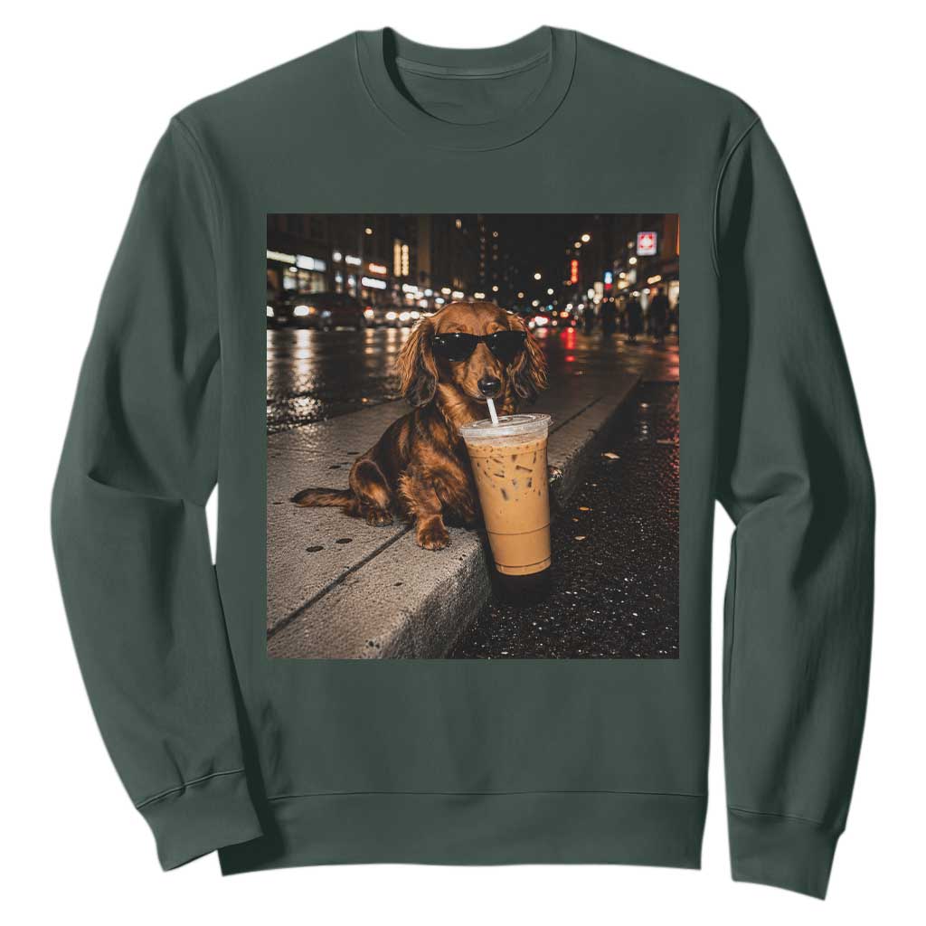 Dachshund Iced Coffee Sweatshirt Grunge Meme Graphic Funny Weiner Dog Lovers Dad TS10 Dark Forest Green Print Your Wear