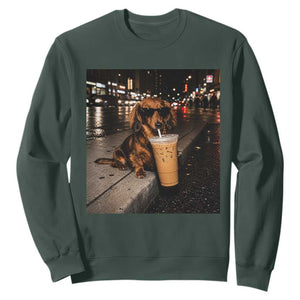 Dachshund Iced Coffee Sweatshirt Grunge Meme Graphic Funny Weiner Dog Lovers Dad TS10 Dark Forest Green Print Your Wear