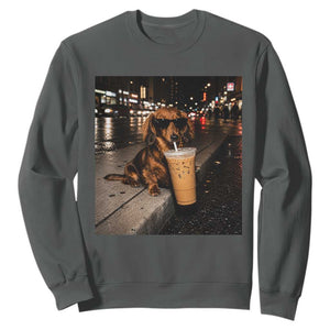 Dachshund Iced Coffee Sweatshirt Grunge Meme Graphic Funny Weiner Dog Lovers Dad TS10 Dark Heather Print Your Wear