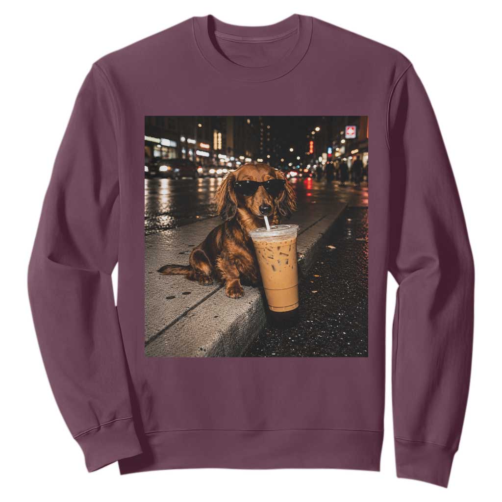 Dachshund Iced Coffee Sweatshirt Grunge Meme Graphic Funny Weiner Dog Lovers Dad TS10 Maroon Print Your Wear