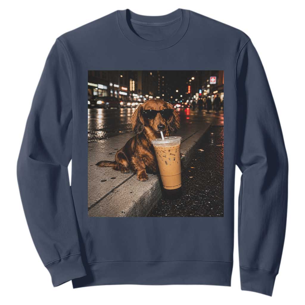 Dachshund Iced Coffee Sweatshirt Grunge Meme Graphic Funny Weiner Dog Lovers Dad TS10 Navy Print Your Wear