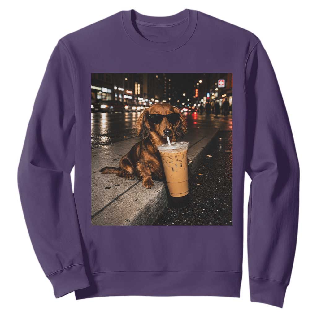 Dachshund Iced Coffee Sweatshirt Grunge Meme Graphic Funny Weiner Dog Lovers Dad TS10 Purple Print Your Wear