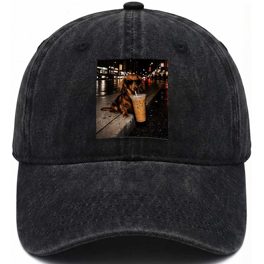 Dachshund Iced Coffee Washed Cotton Baseball Cap Grunge Meme Graphic Funny Weiner Dog Lovers Dad TS10 Print Your Wear