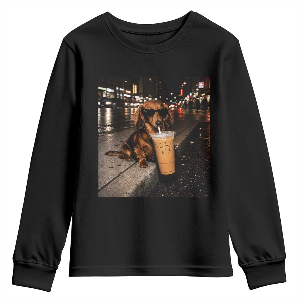 Dachshund Iced Coffee Youth Sweatshirt Grunge Meme Graphic Funny Weiner Dog Lovers Dad TS10 Black Print Your Wear