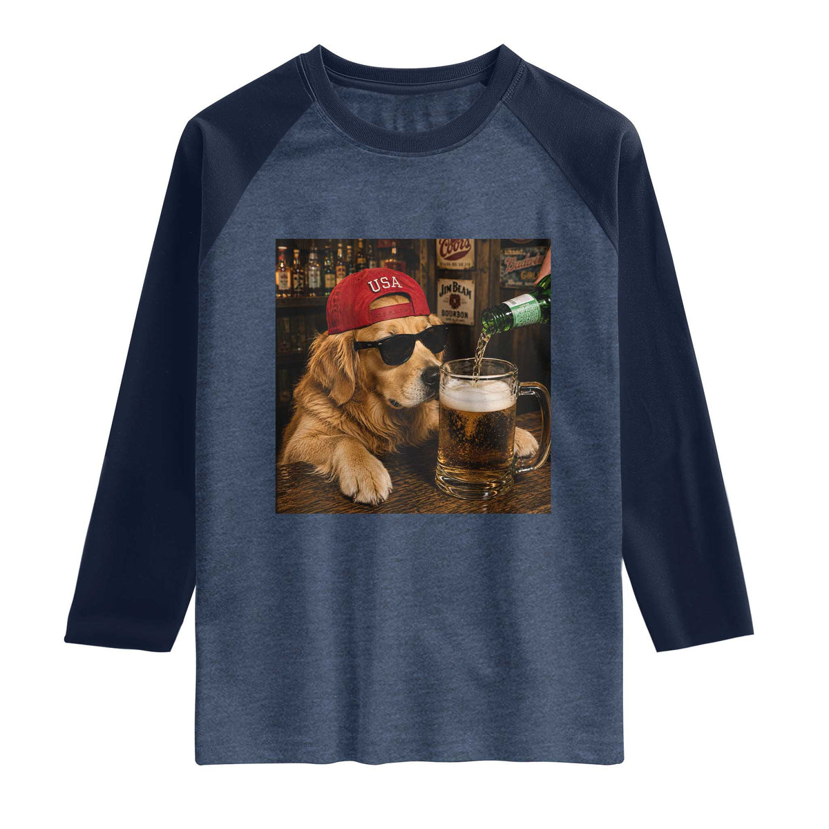 Funny Golden Retriever Drinking Beer Raglan Shirt Silly Dog Meme Graphic Sarcastic Gift TS10 Heather Denim Navy Print Your Wear