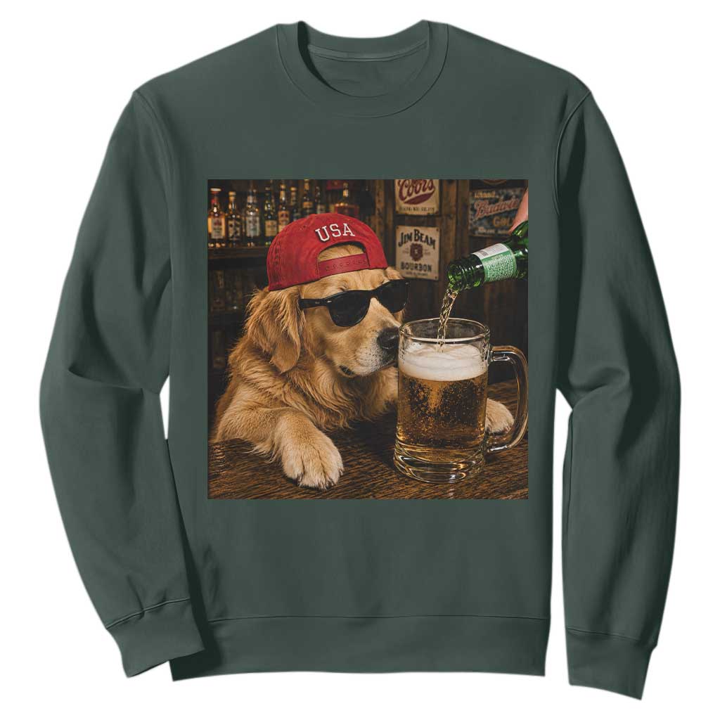 Funny Golden Retriever Drinking Beer Sweatshirt Silly Dog Meme Graphic Sarcastic Gift TS10 Dark Forest Green Print Your Wear