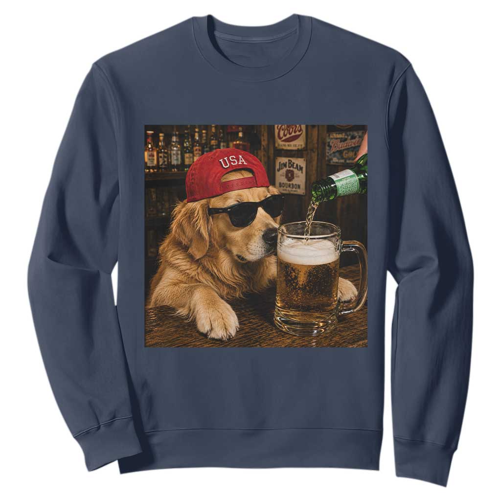 Funny Golden Retriever Drinking Beer Sweatshirt Silly Dog Meme Graphic Sarcastic Gift TS10 Navy Print Your Wear