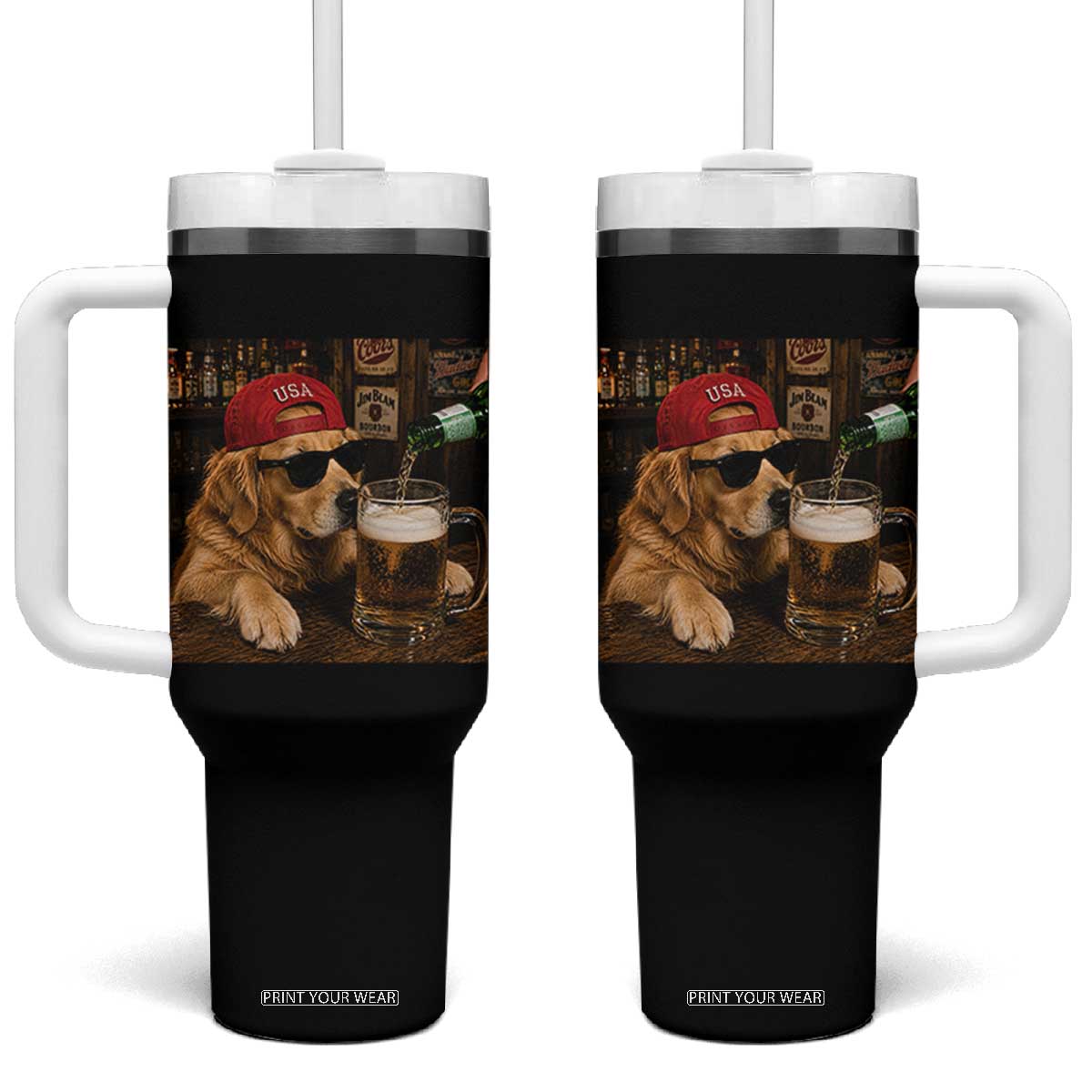 Funny Golden Retriever Drinking Beer Tumbler With Handle Silly Dog Meme Graphic Sarcastic Gift TS10 One Size: 40 oz Black Print Your Wear