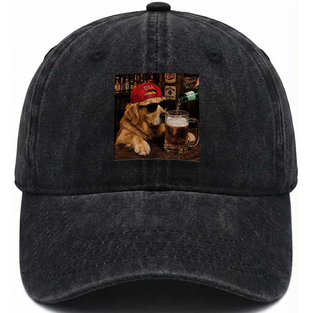 Funny Golden Retriever Drinking Beer Washed Cotton Baseball Cap Silly Dog Meme Graphic Sarcastic Gift TS10 Print Your Wear