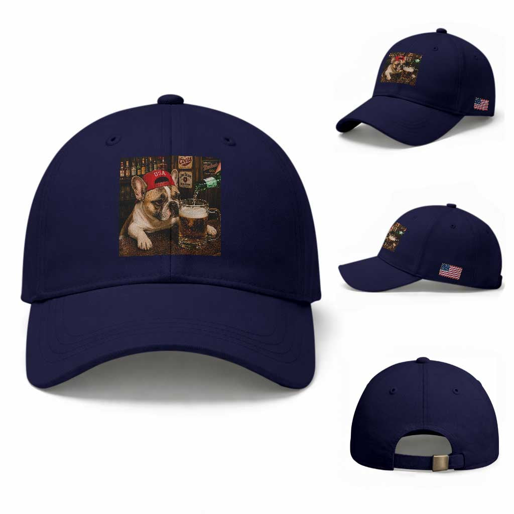 French Bulldog Drinking Beer Baseball Cap Silly Dog Meme Graphic Sarcastic Gift TS10 Baseball Cap Universal Fit Dark Blue Print Your Wear