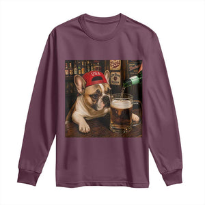 French Bulldog Drinking Beer Long Sleeve Shirt Silly Dog Meme Graphic Sarcastic Gift TS10 Maroon Print Your Wear