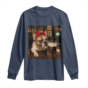 French Bulldog Drinking Beer Long Sleeve Shirt Silly Dog Meme Graphic Sarcastic Gift TS10 Navy Print Your Wear