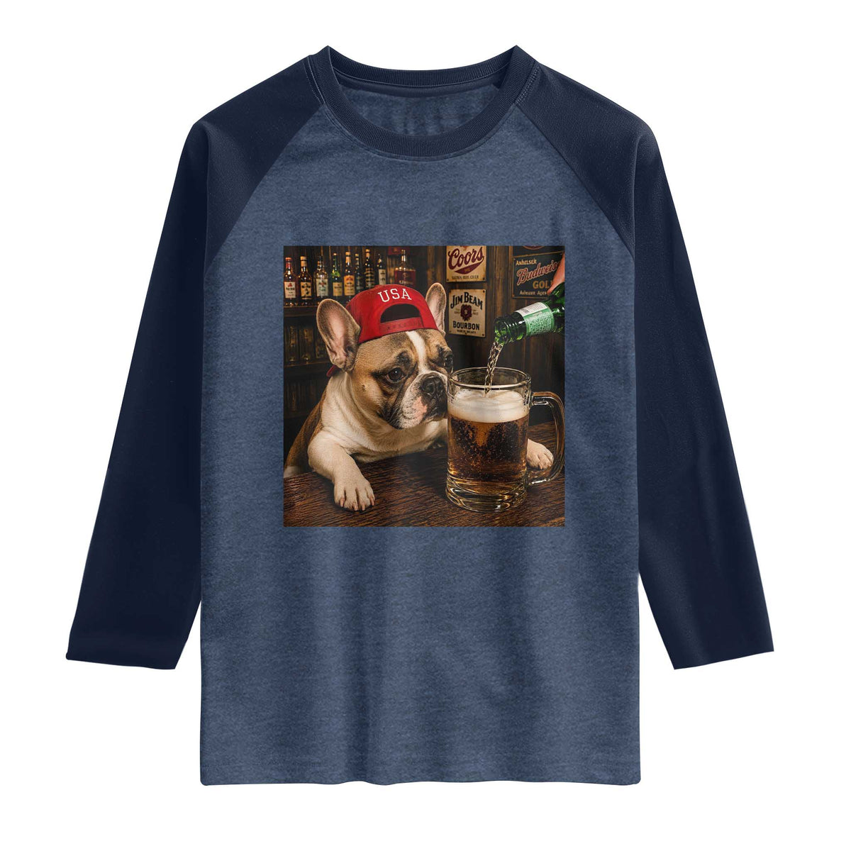 French Bulldog Drinking Beer Raglan Shirt Silly Dog Meme Graphic Sarcastic Gift TS10 Heather Denim Navy Print Your Wear