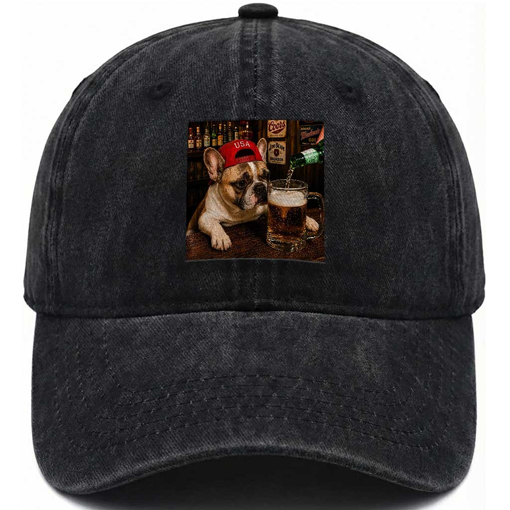 French Bulldog Drinking Beer Washed Cotton Baseball Cap Silly Dog Meme Graphic Sarcastic Gift TS10 Print Your Wear