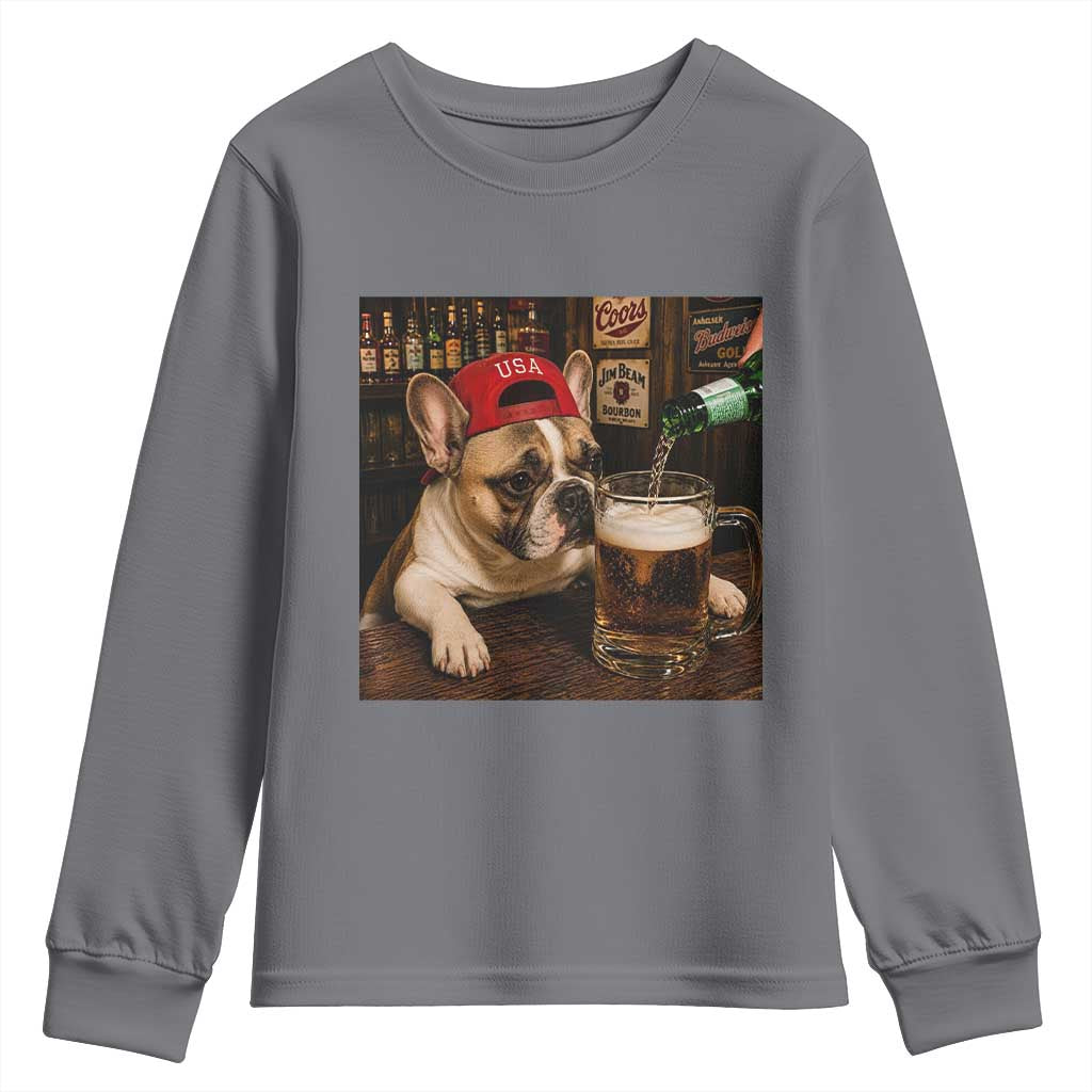 French Bulldog Drinking Beer Youth Sweatshirt Silly Dog Meme Graphic Sarcastic Gift TS10 Charcoal Print Your Wear