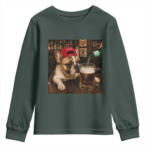 French Bulldog Drinking Beer Youth Sweatshirt Silly Dog Meme Graphic Sarcastic Gift TS10 Dark Forest Green Print Your Wear