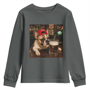 French Bulldog Drinking Beer Youth Sweatshirt Silly Dog Meme Graphic Sarcastic Gift TS10 Dark Heather Print Your Wear