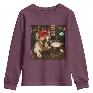 French Bulldog Drinking Beer Youth Sweatshirt Silly Dog Meme Graphic Sarcastic Gift TS10 Maroon Print Your Wear