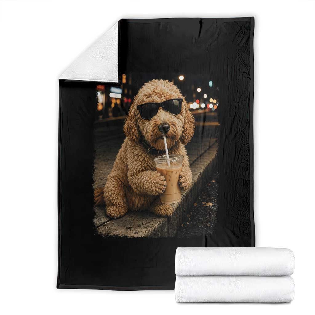Goldendoodle Drinking Iced Coffee Throw Blanket Grunge Graphic Funny Dog Lover TS10 Black Print Your Wear