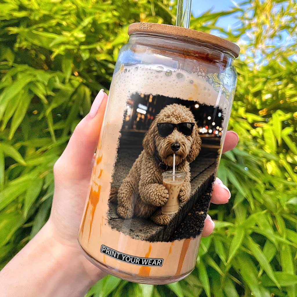 Goldendoodle Drinking Iced Coffee Glass Can Grunge Graphic Funny Dog Lover TS10 Black Print Your Wear