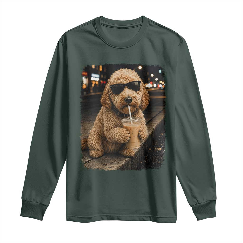 Goldendoodle Drinking Iced Coffee Long Sleeve Shirt Grunge Graphic Funny Dog Lover TS10 Dark Forest Green Print Your Wear