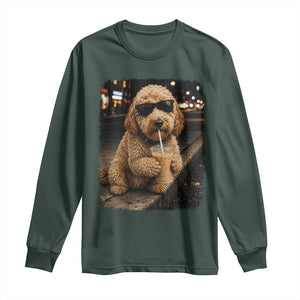 Goldendoodle Drinking Iced Coffee Long Sleeve Shirt Grunge Graphic Funny Dog Lover TS10 Dark Forest Green Print Your Wear