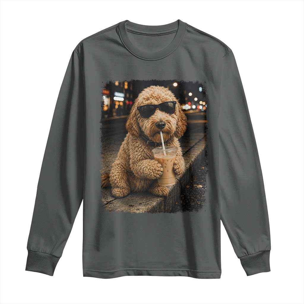 Goldendoodle Drinking Iced Coffee Long Sleeve Shirt Grunge Graphic Funny Dog Lover TS10 Dark Heather Print Your Wear