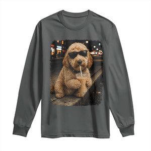 Goldendoodle Drinking Iced Coffee Long Sleeve Shirt Grunge Graphic Funny Dog Lover TS10 Dark Heather Print Your Wear