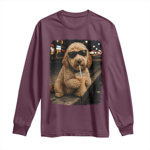 Goldendoodle Drinking Iced Coffee Long Sleeve Shirt Grunge Graphic Funny Dog Lover TS10 Maroon Print Your Wear