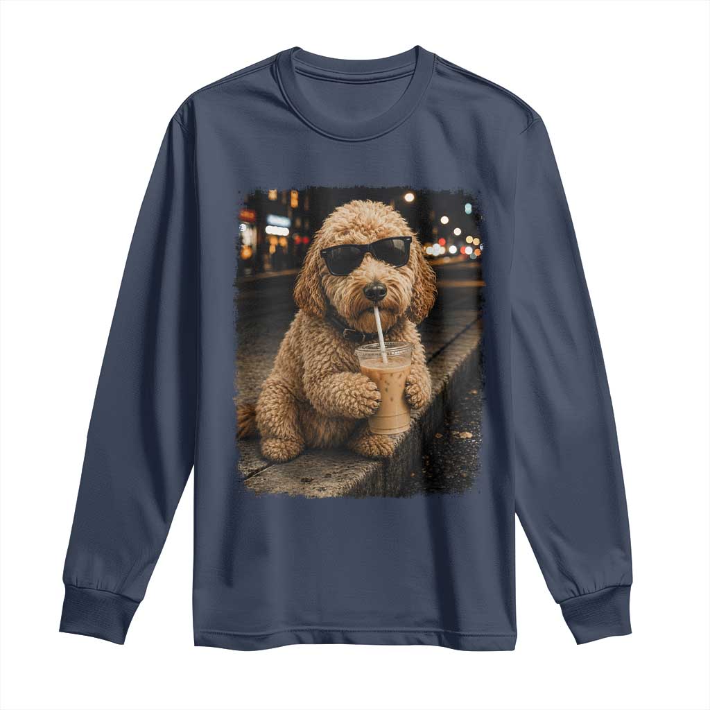Goldendoodle Drinking Iced Coffee Long Sleeve Shirt Grunge Graphic Funny Dog Lover TS10 Navy Print Your Wear