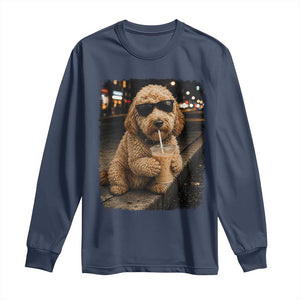 Goldendoodle Drinking Iced Coffee Long Sleeve Shirt Grunge Graphic Funny Dog Lover TS10 Navy Print Your Wear