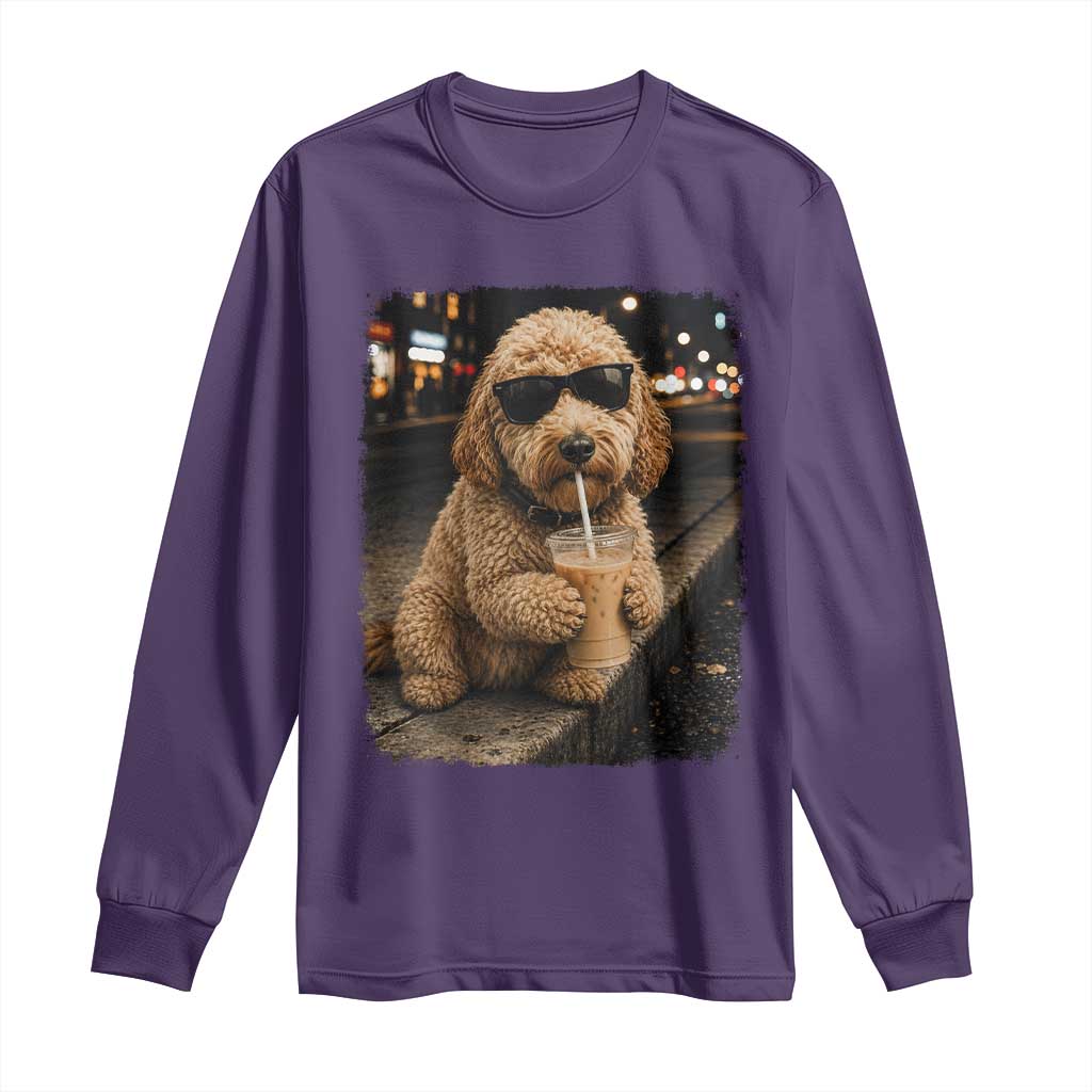 Goldendoodle Drinking Iced Coffee Long Sleeve Shirt Grunge Graphic Funny Dog Lover TS10 Purple Print Your Wear