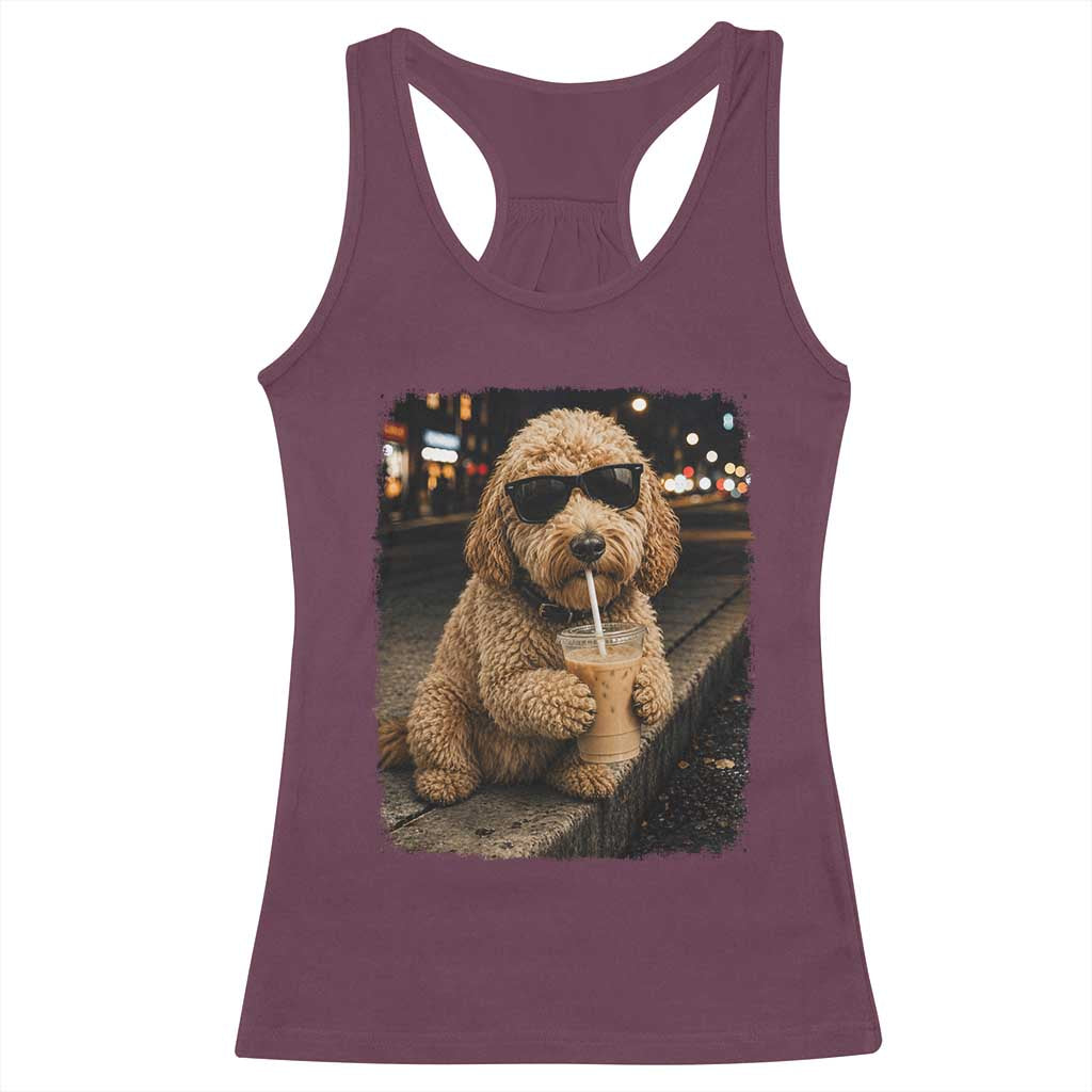Goldendoodle Drinking Iced Coffee Racerback Tank Top Grunge Graphic Funny Dog Lover TS10 Maroon Print Your Wear