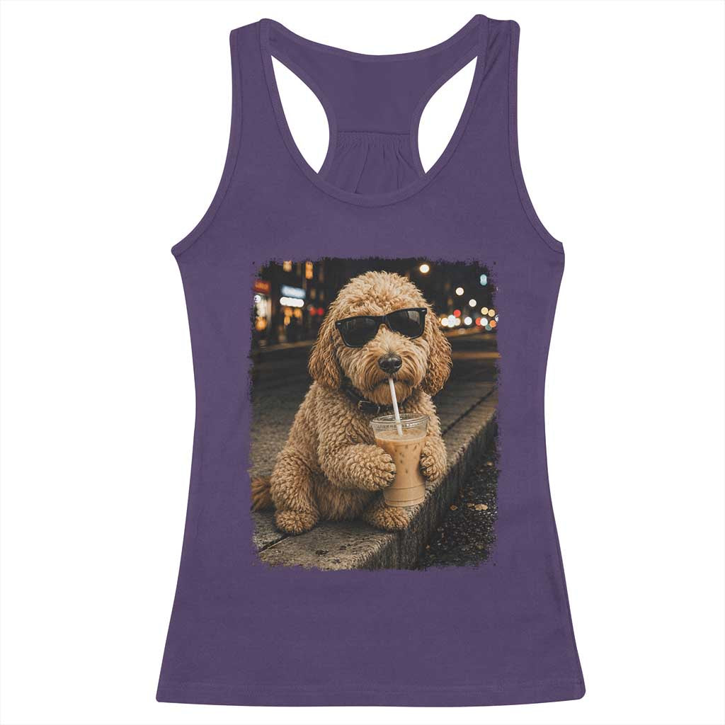 Goldendoodle Drinking Iced Coffee Racerback Tank Top Grunge Graphic Funny Dog Lover TS10 Purple Print Your Wear