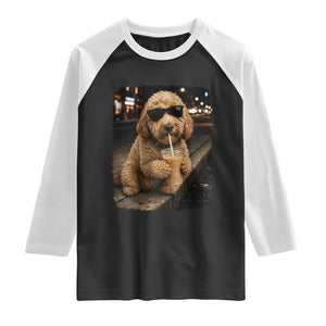 Goldendoodle Drinking Iced Coffee Raglan Shirt Grunge Graphic Funny Dog Lover TS10 Black White Print Your Wear