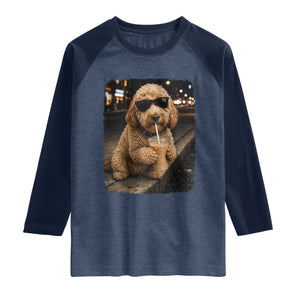 Goldendoodle Drinking Iced Coffee Raglan Shirt Grunge Graphic Funny Dog Lover TS10 Heather Denim Navy Print Your Wear
