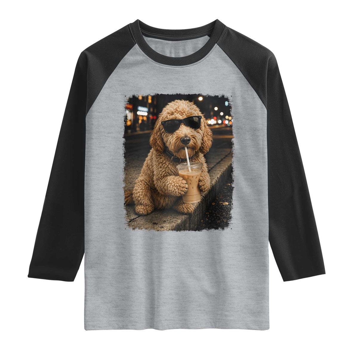 Goldendoodle Drinking Iced Coffee Raglan Shirt Grunge Graphic Funny Dog Lover TS10 Heather Gray Black Print Your Wear