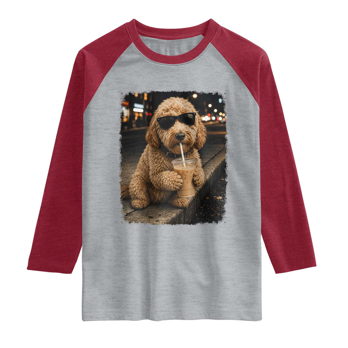 Goldendoodle Drinking Iced Coffee Raglan Shirt Grunge Graphic Funny Dog Lover TS10 Heather Gray Heather Red Print Your Wear