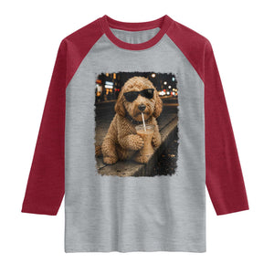 Goldendoodle Drinking Iced Coffee Raglan Shirt Grunge Graphic Funny Dog Lover TS10 Heather Gray Heather Red Print Your Wear