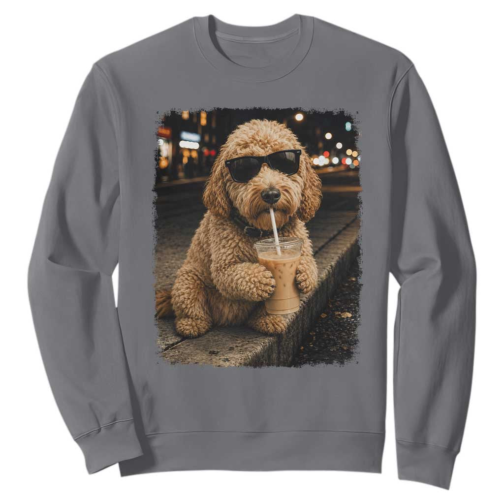 Goldendoodle Drinking Iced Coffee Sweatshirt Grunge Graphic Funny Dog Lover TS10 Charcoal Print Your Wear